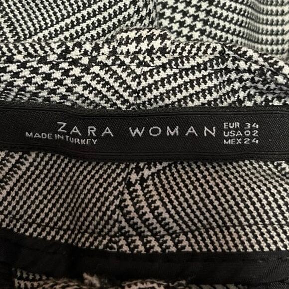 Zara Black White Gray Plaid Straight Leg Mid Rise Step Hem Crop Trousers Pants 2 - Picture 4 of 5